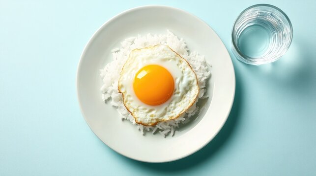 Fried egg and rice served with a glass of water on a bright, clean dining table, seen from above.