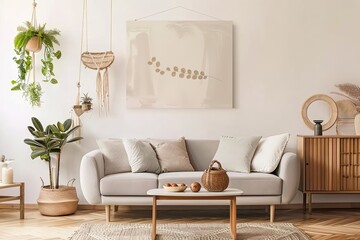 The stylish boho compostion at living room interior with design gray sofa, wooden coffee table, commode and elegant personal accessories. Light-colored pillow and plaid. Cozy apartment. Home decor