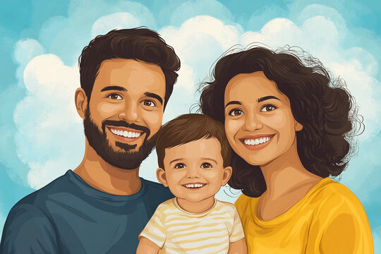Family portrait featuring a joyful couple with their smiling baby against a blue sky backdrop