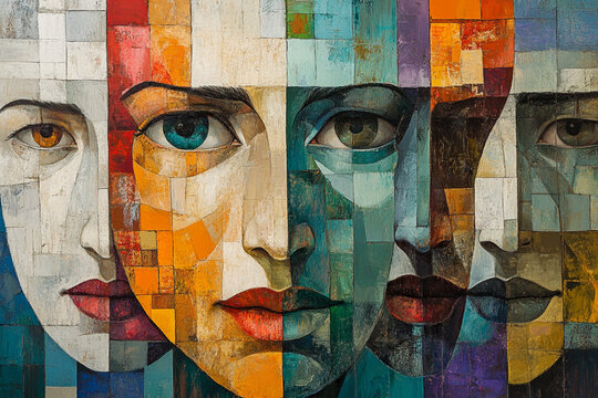 Overlapping abstract faces evoke emotion through cubist expression in vibrant colors