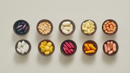 Obraz premium Close-up of colorful capsules and tablets in small bowls arranged symmetrically with room for copy space.