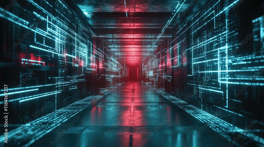 Poster futuristic grid with interconnected glowing dots and lines on a dark background.