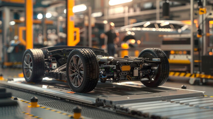 Fototapeta premium In an electric vehicle (EV) assembly line, workers assemble eco-friendly cars by installing batteries and software systems, ensuring each vehicle is efficient, sustainable, and ready for the future.