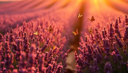 Naklejka premium Sunset Lavender Field with Dancing Butterflies: A Serene Impressionist Scene