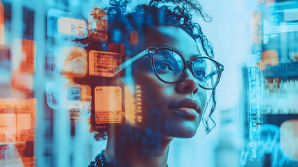 Woman gazing at digital data streams and information