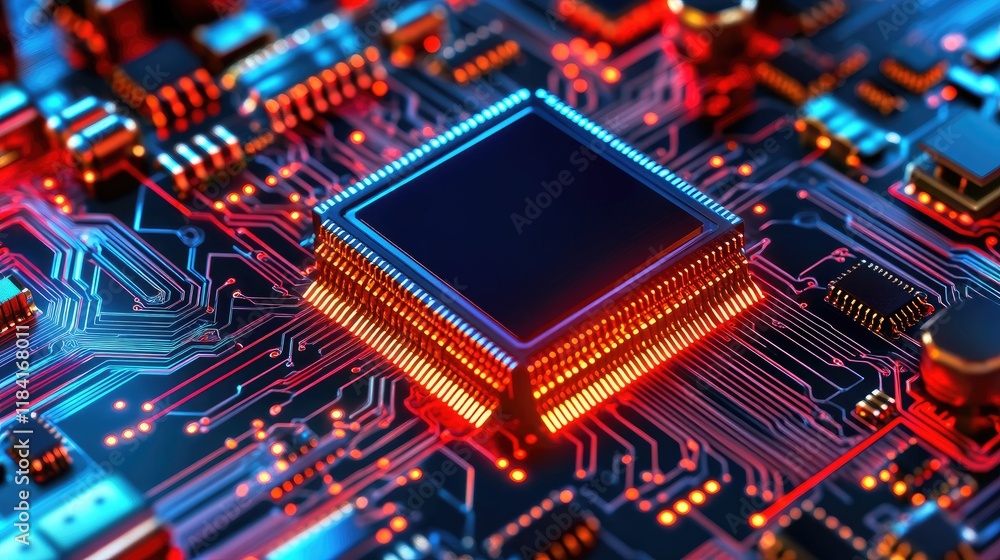 Poster engineers developing futuristic devices, adjusting digital circuits on an advanced touchscreen.