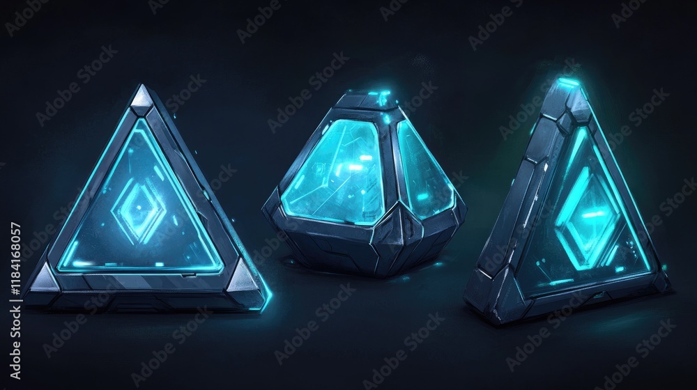 Poster geometric triangular designs with glowing edges and metallic textures, evoking futuristic tech.