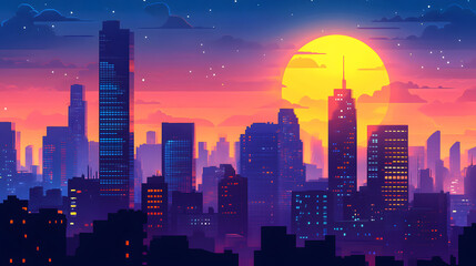 Cityscape Silhouette at Sunset with Large Sun