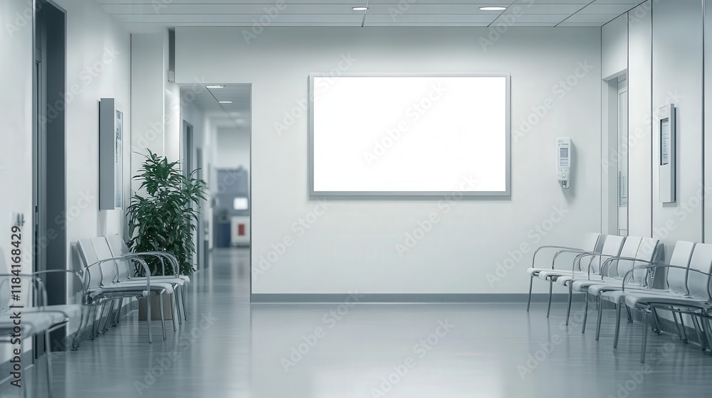 Wall mural Modern Hospital Corridor with Empty Waiting Area and Blank Display for Advertising or Information in Healthcare Environment