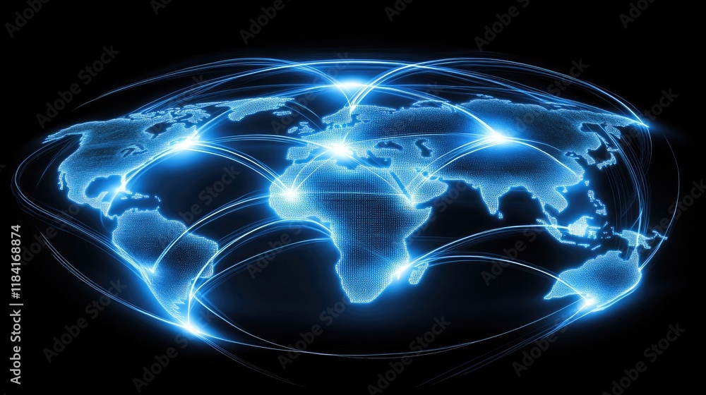 Poster intersecting luminous lines forming a web-like pattern, representing global connectivity.