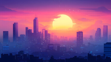 Fototapeta premium City Skyline Sunset Vibrant Colors Modern Architecture