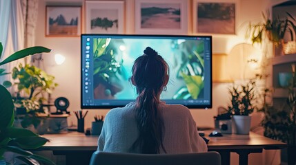 A creator editing a video on a large screen in a sleek home office setup, surrounded by vibrant plants and motivational decor