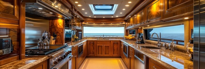 Luxury Yacht Galley Elegant Wooden Interior, Modern Appliances, and Expansive Ocean View