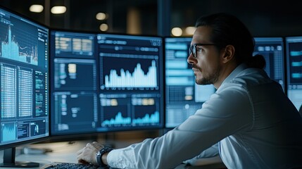 A data analyst working on a computer, surrounded by charts and graphs on multiple screens, analyzing financial trends in an office setting.