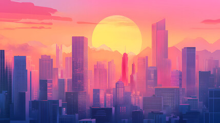 Fototapeta premium Cityscape at Sunset with Mountains and Tall Buildings