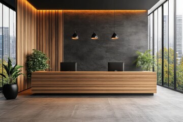 Modern and Elegant Reception Area with Wooden Counter and Stylish Pendant Lights Surrounded by Greenery in a Bright Office Space
