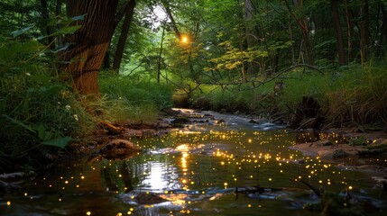 Obraz premium Fireflies illuminating a small, hidden creek in a peaceful forest, creating a serene atmosphere.