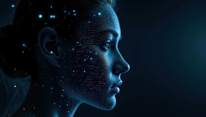 Digital female face with glowing data patterns in dark background