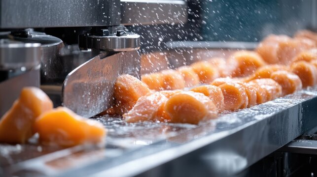 Industrial-grade slicers cutting chicken fillets with precision in a clean poultry processing plant.