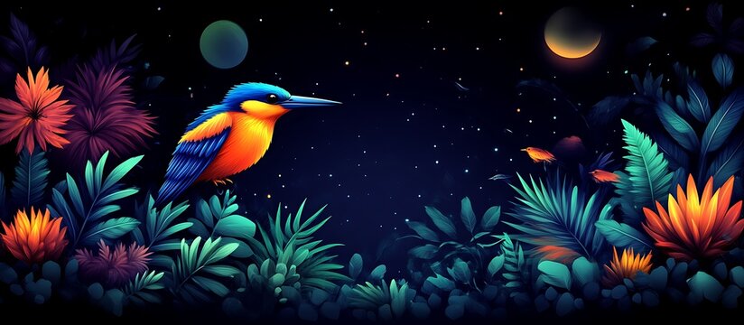 Kingfisher at Night: Vibrant Tropical Floral Dreamscape