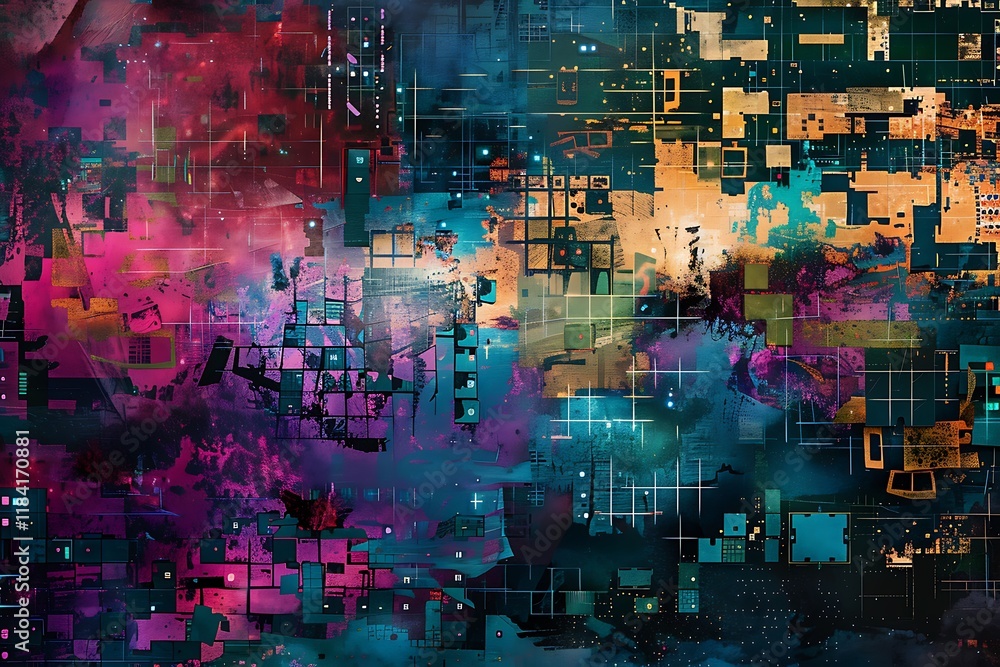 Poster a vibrant abstract artwork depicting a nebulalike cosmic scene blended with digital data streams and