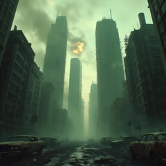 Desoladora ciudad postapocalíptica con edificios en ruinas y ambiente sombrío 