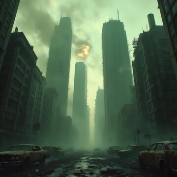 Desoladora ciudad postapocal&iacute;ptica con edificios en ruinas y ambiente sombr&iacute;o
