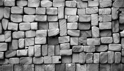 Eine Textur von Holz. Viele gestapelte Holzleisten von der Stirnseite.
