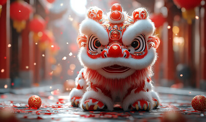 happy chinese new year, cute chinese traditional lion dance