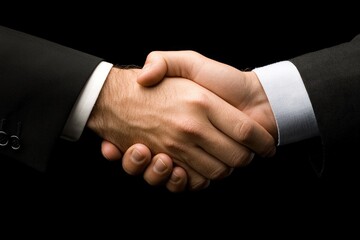 Two hands meet in a firm handshake, symbolizing a successful agreement or collaboration. The individuals are dressed in formal business attire, highlighting a professional atmosphere