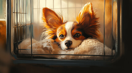 Papillon dog resting comfortably inside transport cage, showcasing its soft fur and expressive eyes. warm lighting creates cozy atmosphere, highlighting dog relaxed demeanor