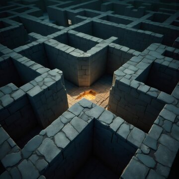 Misterioso laberinto de piedra con luz al final del camino
