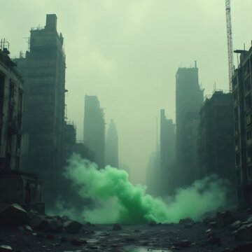 Paisaje urbano postapocal&iacute;ptico con edificios en ruinas y humo verde t&oacute;xico
