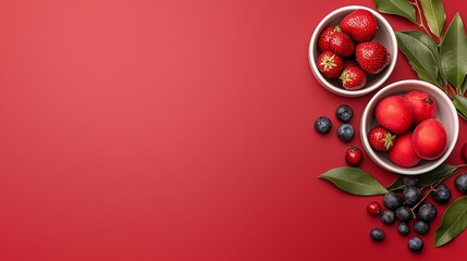 Valentine's Day and Chinese New Year concept. Festive red background with bowls of berries and decorated ornaments.