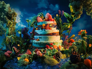 Surreal three-tiered cake sits amidst vibrant, fantastical flora, creating a dreamy, whimsical scene.  Perfect for culinary, fantasy, or artistic projects.