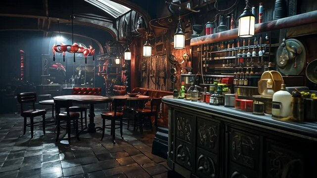 Retro-futuristic industrial underground bar interior concept