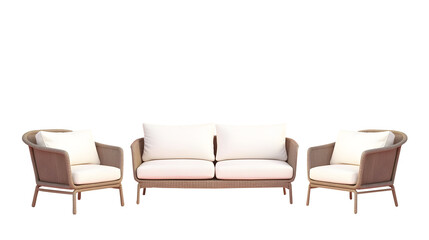 Fototapeta premium Relax in style with this exquisite wicker lounge set. Cream cushions add comfort and elegance to the woven design. Perfect for outdoor relaxation!, cut out,transparent background