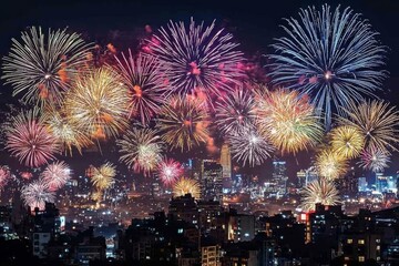 Fototapeta premium urban skyline adorned with glittering fireworks bursting in the night sky, encapsulating the joy and excitement of New Year celebrations