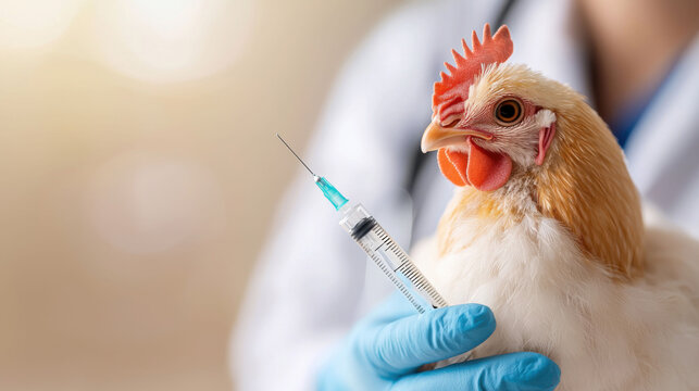 Avian flu concept. A veterinarian holding a syringe near a chicken, highlighting vaccination efforts to prevent avian flu and promote rural livestock health care.
