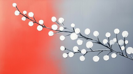 Valentine's Day and Chinese New Year concept. Colorful branch with white blossoms against a red and gray background.