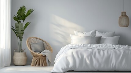 Sunlit minimalist bedroom with warm wood furniture and serene decor