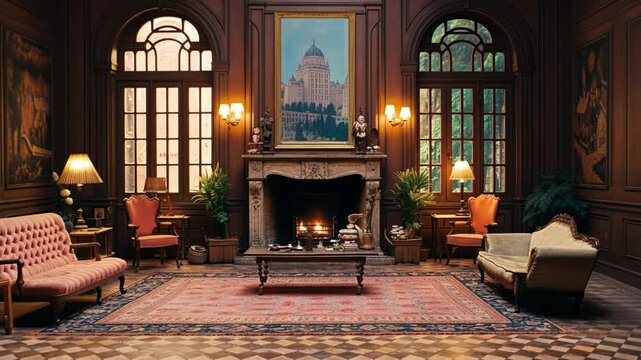 Slow camera pan inside elegant victorian living room with fireplace ambience