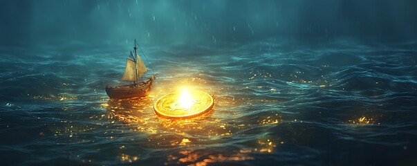 A luminous beacon in the shape a coin, guiding ships through golden waters.