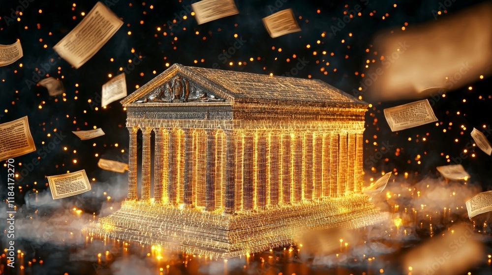 Poster golden temple with floating pages in mystical atmosphere, representing knowledge and ancient wisdom,