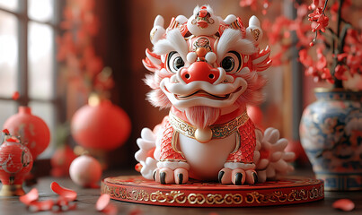 happy chinese new year, cute chinese traditional lion dance