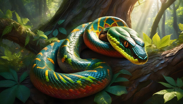 A vivid muscular snake coiled around a gnarled tree branch, its scales glistening in the sunlight, with intricate patterns and vibrant colors, set in a lush forest with soft rays of light
