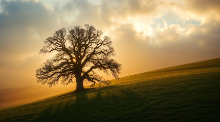 Solitary ancient oak tree on a rolling green hill, morning fog, muted colors