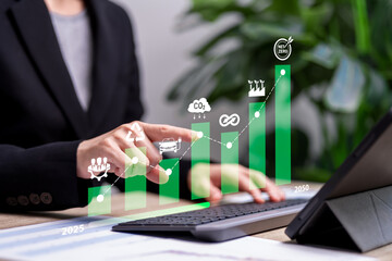 Carbon emission reduction target, Green business economy, Businesswoman management carbon reduction technologies and green energy that help Net zero target, Co2, Renewable energy, Cultivate awareness
