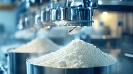 Powdered supplements being poured into industrial mixers under bright, sterile lighting with copy space.