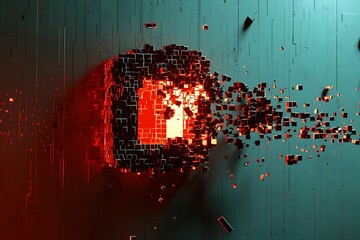 A digital lock icon breaking apart into pixels, symbolizing a data vulnerability or cybersecurity breach.
